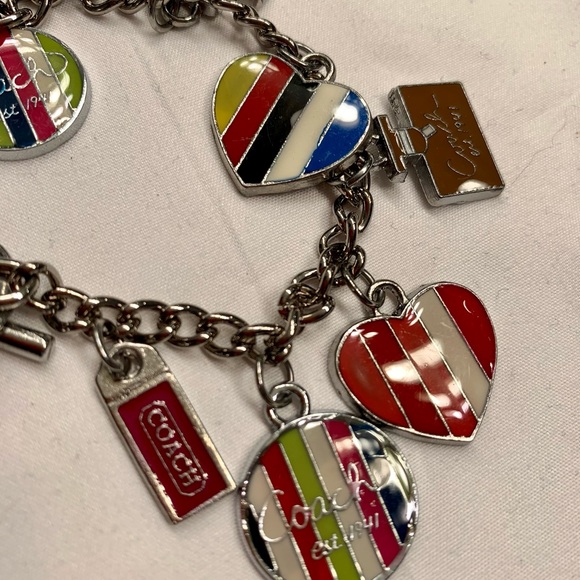 Coach Hearts charm bracelet in silver tone with vibrant, colorful charms. - Picture 6 of 10